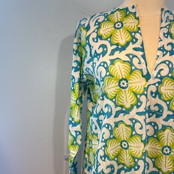 Vintage Barbara Gerwit 100% pure cotton turquoise/green tunic blouse size L - Picture 2 of 10